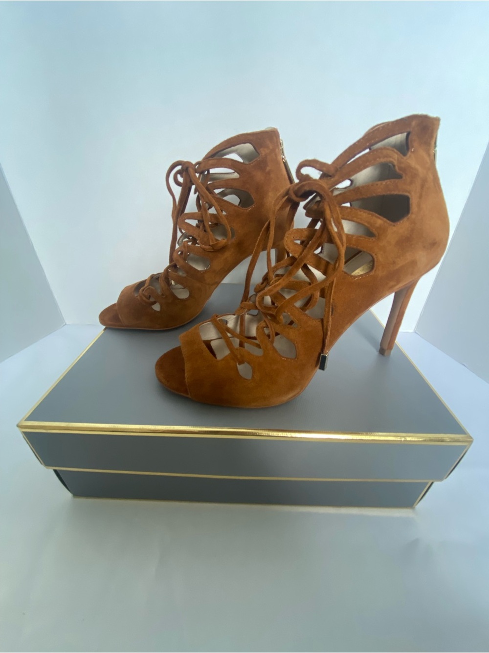Louise et Cie Women’s Cognac Suede Lace-Up Cutout Stiletto Heels